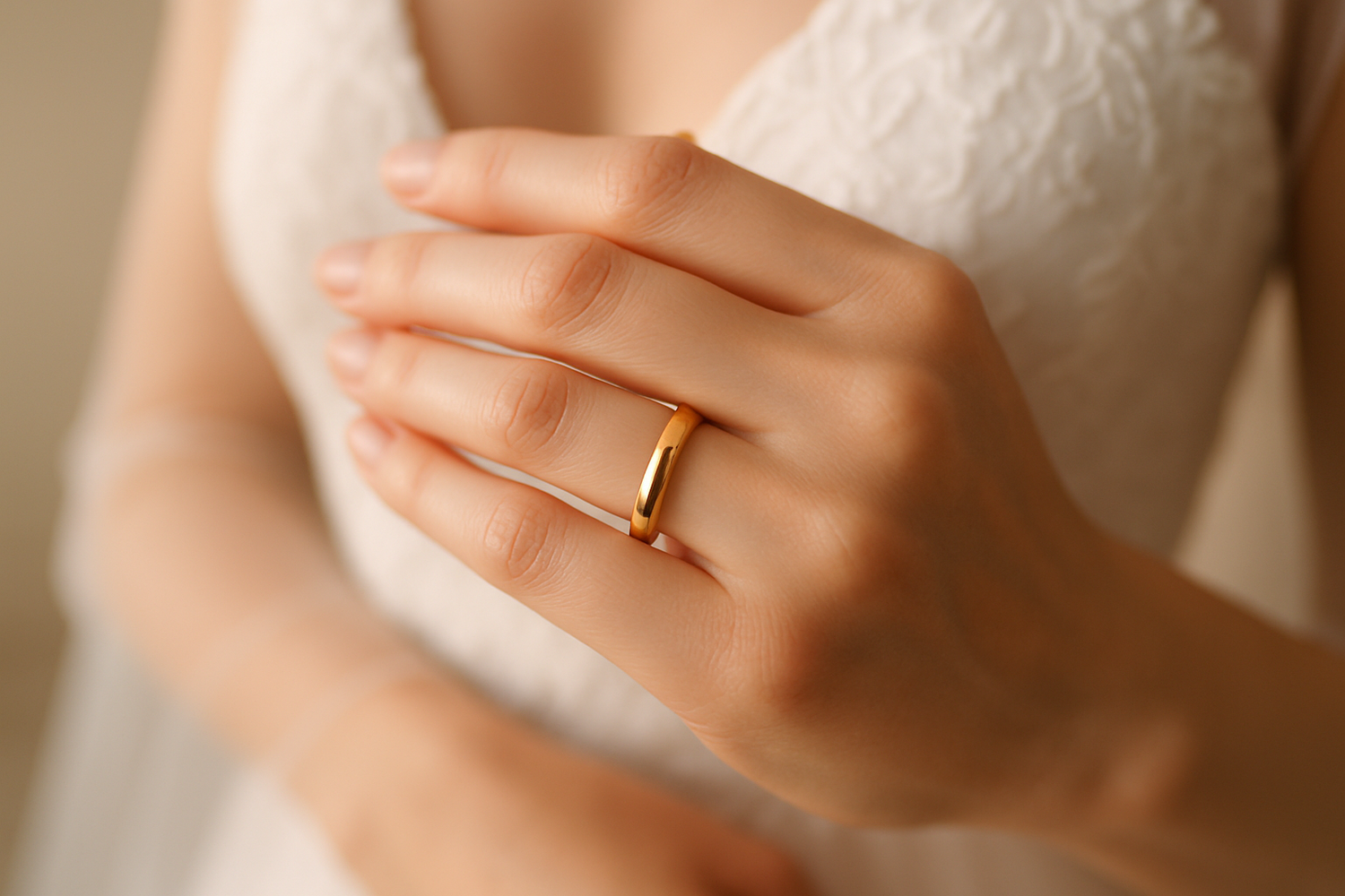 gere uma mão de noiva com uma bela aliança ouro 10k de 3mm, com uma boa resolução